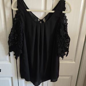 Black Cold-Shoulder Crochet Sleeve Women’s Top